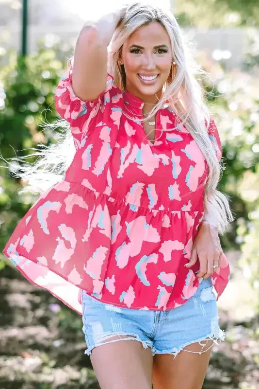 Rose Smocked Puff Sleeve V-Neck Blouse-2