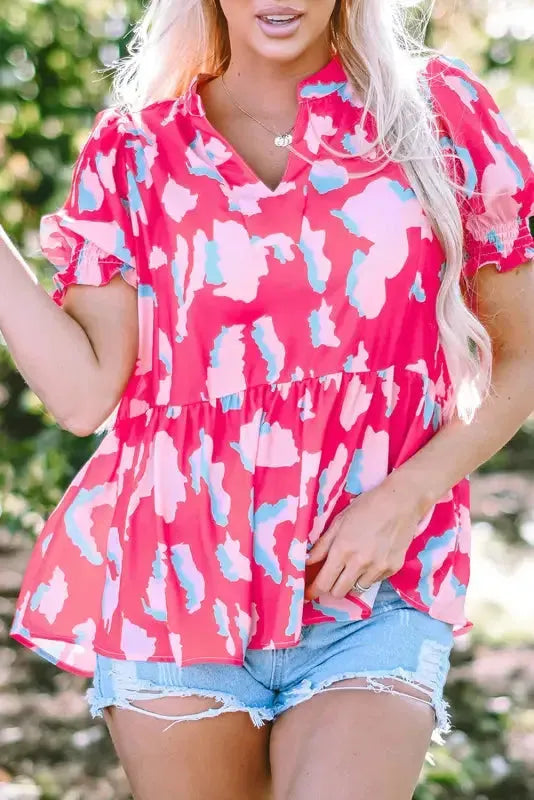 Rose Smocked Puff Sleeve V-Neck Blouse-0