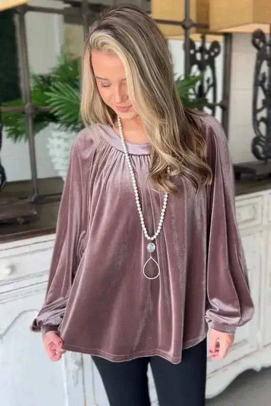 Rose Tan Button Keyhole Back Velvet Swing Top-3