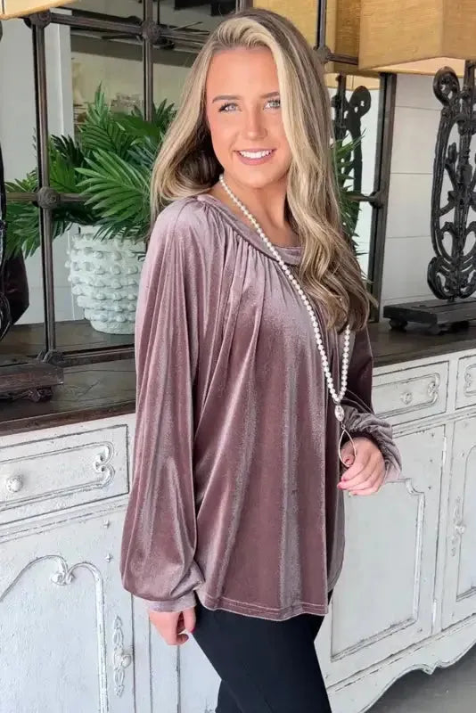 Rose Tan Button Keyhole Back Velvet Swing Top-2