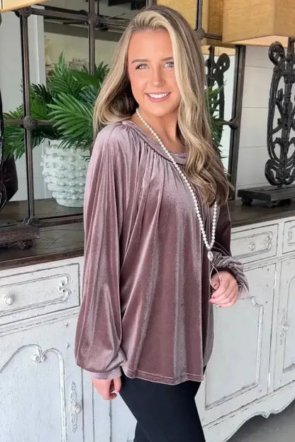 Rose Tan Button Keyhole Back Velvet Swing Top-2