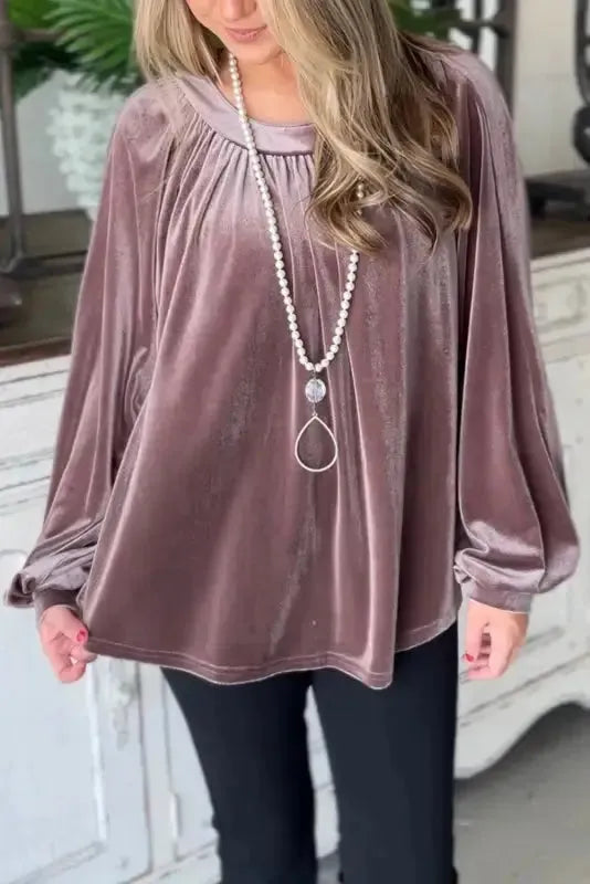 Rose Tan Button Keyhole Back Velvet Swing Top-0