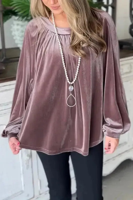 Rose Tan Button Keyhole Back Velvet Swing Top-0