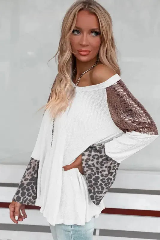 Sequin Patchwork Bell Sleeve Tunic Top-2