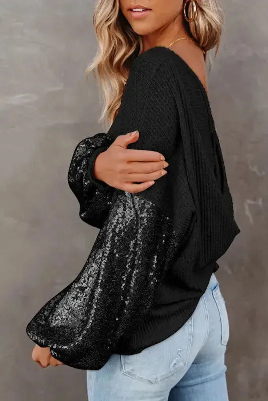 Sequin Sleeve Open Back Waffle Knit Top - Black-2
