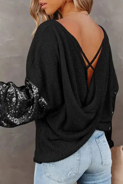 Sequin Sleeve Open Back Waffle Knit Top - Black-1