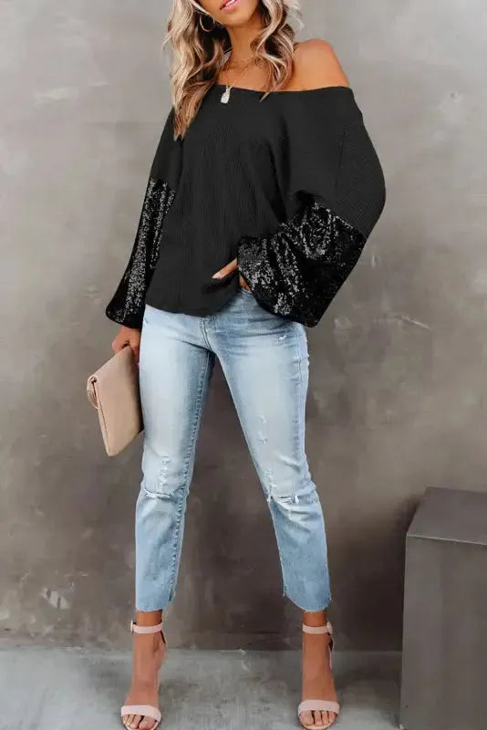 Sequin Sleeve Open Back Waffle Knit Top - Black-3