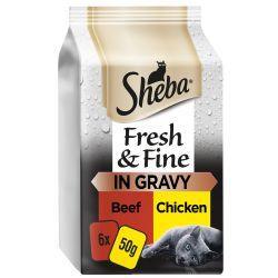 Sheba Fresh & Fine Wet Cat Food Pouches Beef & Chicken in Gravy 6pk