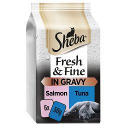 Sheba Fresh & Fine Wet Cat Food Pouches Salmon & Tuna in Gravy 6pk
