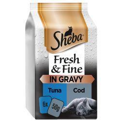 Sheba Fresh & Fine Wet Cat Food Pouches Tuna & Cod in Gravy 6pk