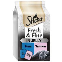 Sheba Fresh & Fine Wet Cat Food Pouches Tuna & Salmon in Jelly 6pk