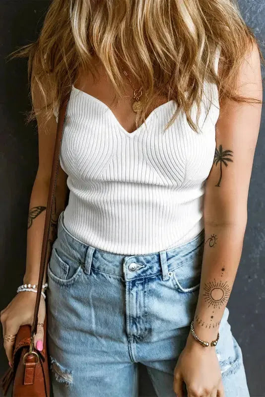 Slim Fit Tank Top - White Rib Knit Notched V-Neck-4