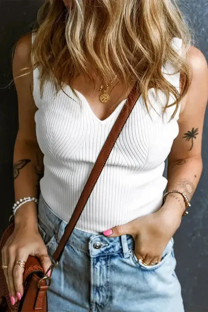 Slim Fit Tank Top - White Rib Knit Notched V-Neck-2