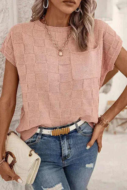 Smoke Gray Lattice Textured Knit Short Sleeve Sweater-5