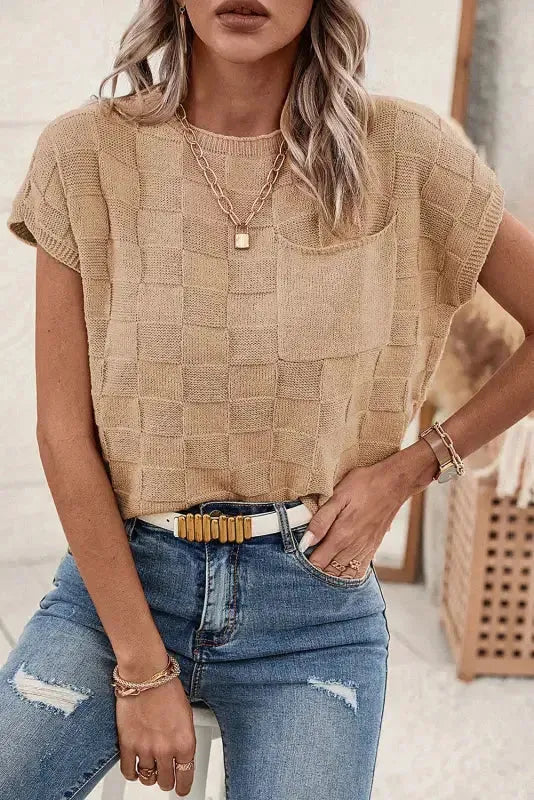 Smoke Gray Lattice Textured Knit Short Sleeve Sweater-4