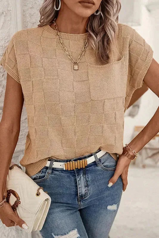 Smoke Gray Lattice Textured Knit Short Sleeve Sweater-2