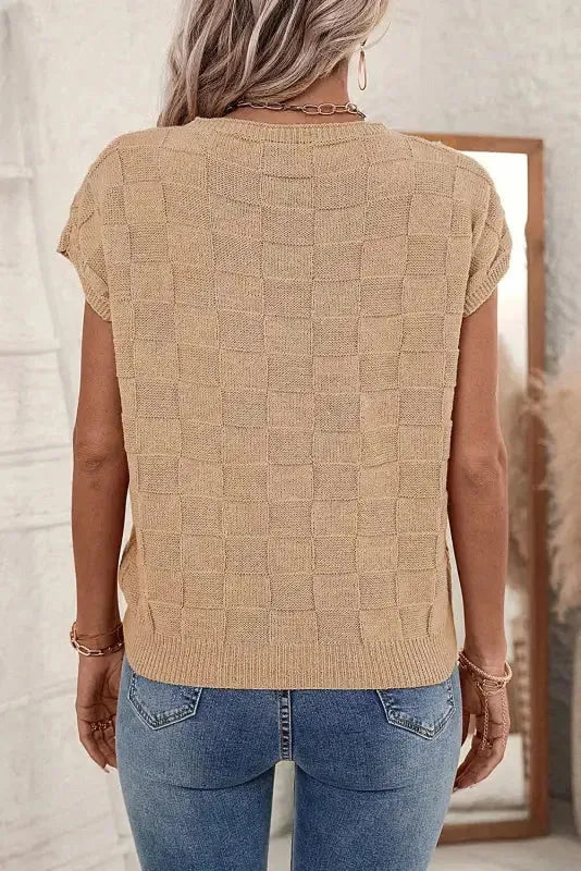 Smoke Gray Lattice Textured Knit Short Sleeve Sweater-1