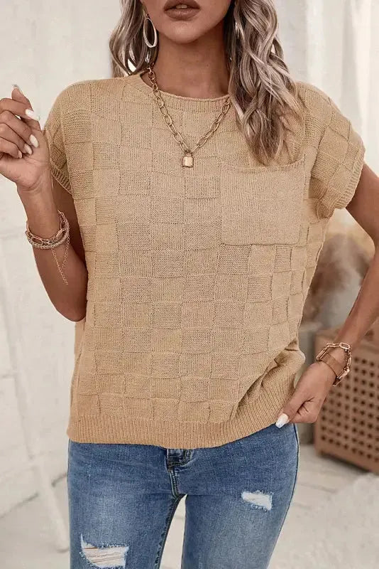 Smoke Gray Lattice Textured Knit Short Sleeve Sweater-3