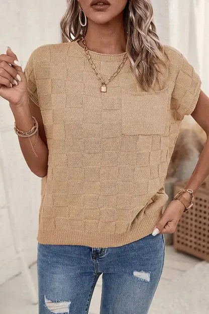 Smoke Gray Lattice Textured Knit Short Sleeve Sweater-3