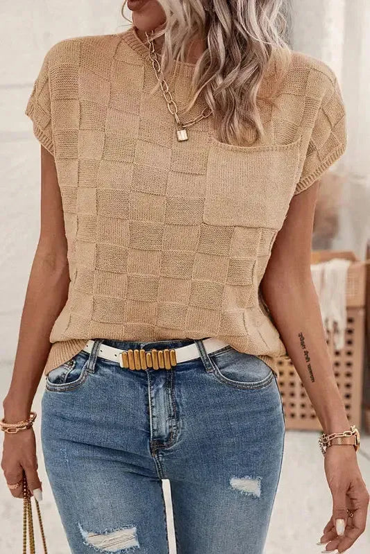 Smoke Gray Lattice Textured Knit Short Sleeve Sweater-0