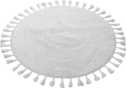 Super Soft Absorbent Non-Slip Round Tasselled Bath Mat 100% Cotton Bathroom Rug in Duck Egg Grey Natural and White by OLIVIA ROCCO