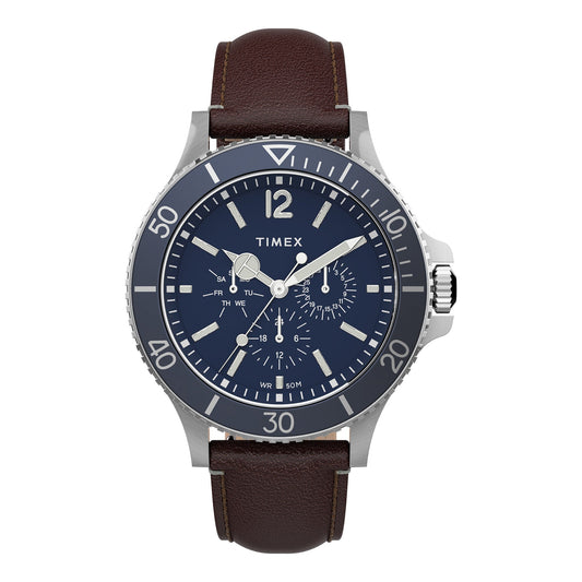 Timex Men's Navy Dial Chronograph Watch with Brown Leather Strap – Classic Sport Style