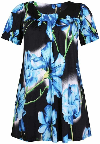 Smock Tunic Top Women Ladies Plus Size Short Sleeves Scoop Neckline Floral Print