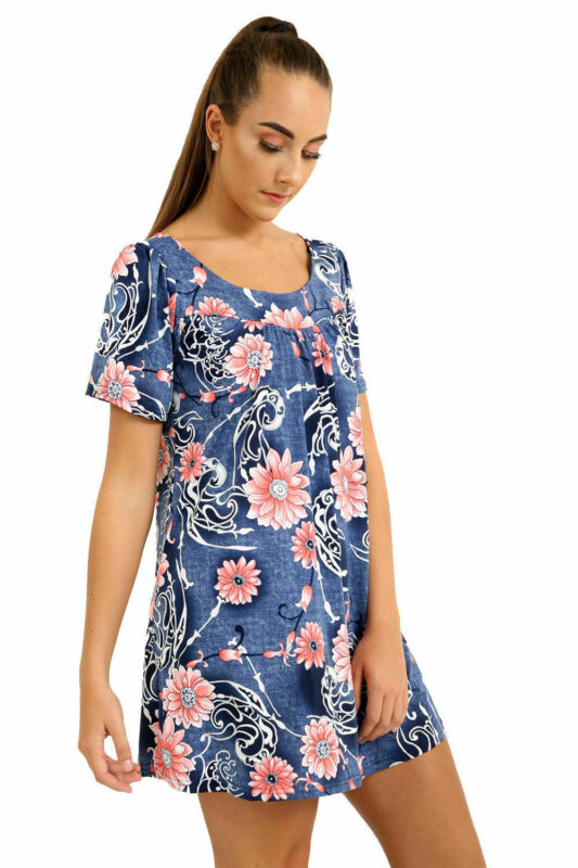 Smock Tunic Top Women Ladies Plus Size Short Sleeves Scoop Neckline Floral Print