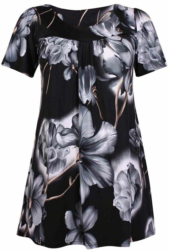 Smock Tunic Top Women Ladies Plus Size Short Sleeves Scoop Neckline Floral Print