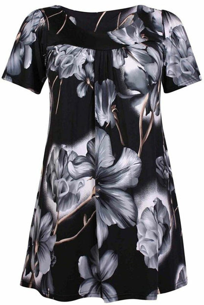 Smock Tunic Top Women Ladies Plus Size Short Sleeves Scoop Neckline Floral Print