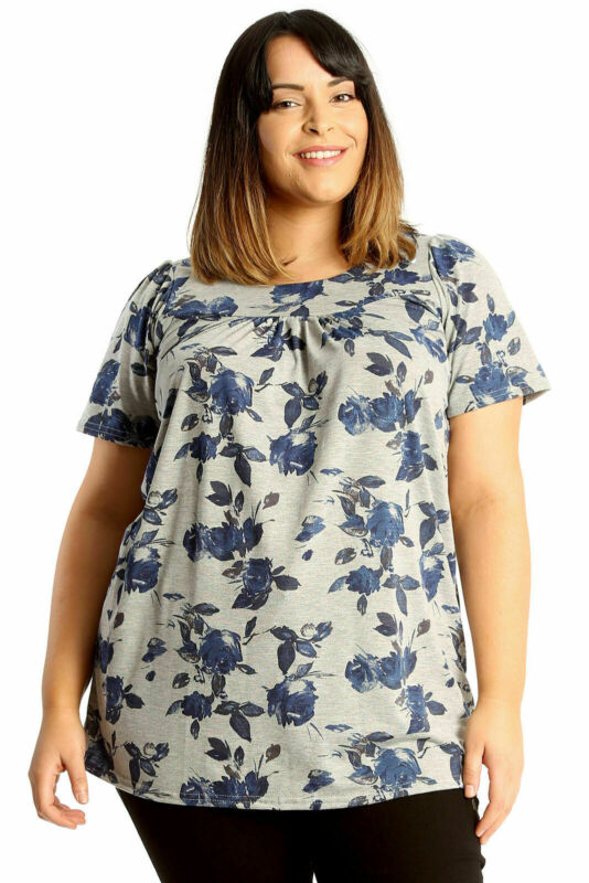 Smock Tunic Top Women Ladies Plus Size Short Sleeves Scoop Neckline Floral Print