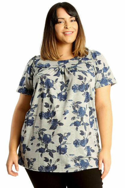 Smock Tunic Top Women Ladies Plus Size Short Sleeves Scoop Neckline Floral Print