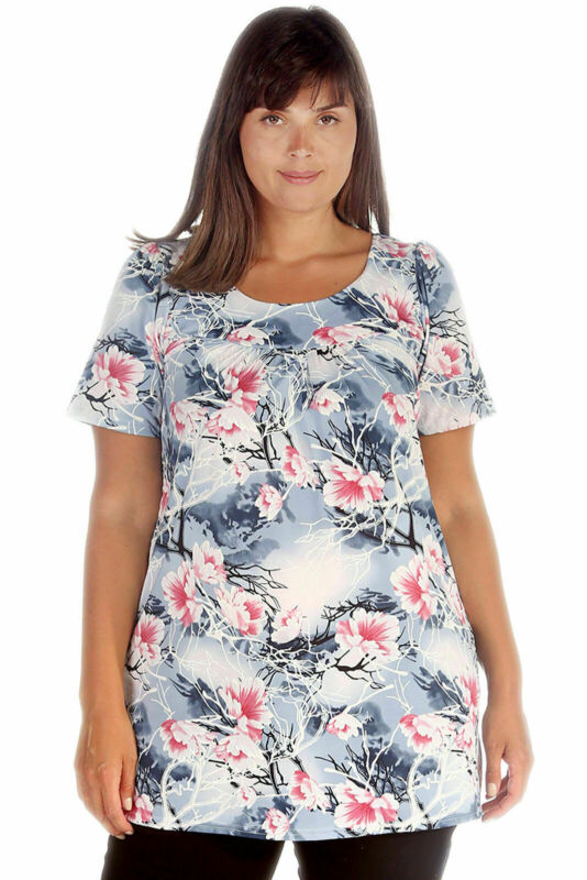 Smock Tunic Top Women Ladies Plus Size Short Sleeves Scoop Neckline Floral Print