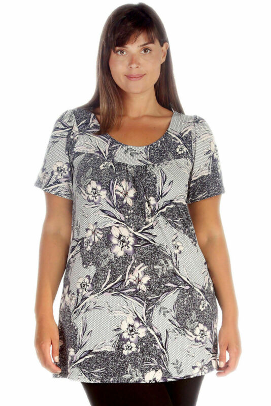 Smock Tunic Top Women Ladies Plus Size Short Sleeves Scoop Neckline Floral Print