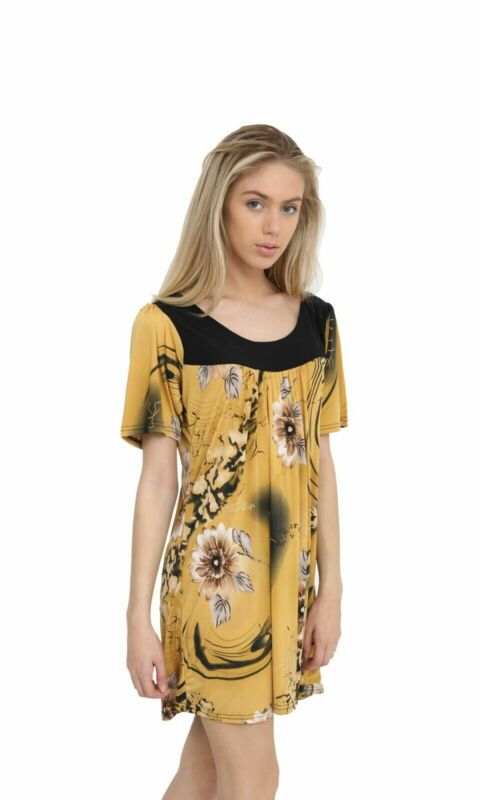 Smock Tunic Top Women Ladies Plus Size Short Sleeves Scoop Neckline Floral Print