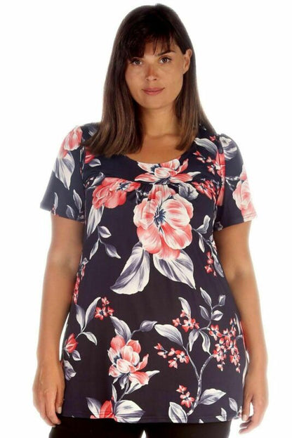 Smock Tunic Top Women Ladies Plus Size Short Sleeves Scoop Neckline Floral Print