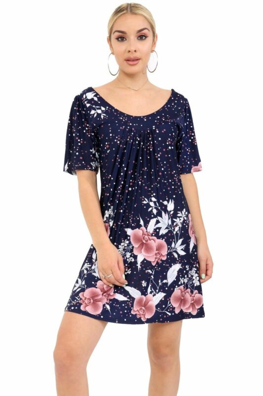 Smock Tunic Top Women Ladies Plus Size Short Sleeves Scoop Neckline Floral Print