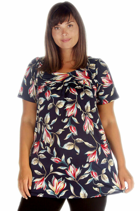 Smock Tunic Top Women Ladies Plus Size Short Sleeves Scoop Neckline Floral Print