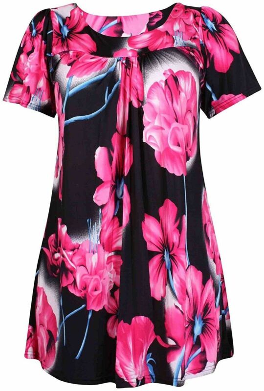 Smock Tunic Top Women Ladies Plus Size Short Sleeves Scoop Neckline Floral Print