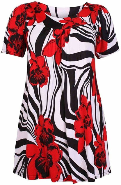 Smock Tunic Top Women Ladies Plus Size Short Sleeves Scoop Neckline Floral Print