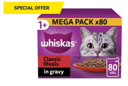 Whiskas 1+ classic Meals Adult Wet Cat Food Pouches in Gravy 80pk 85g