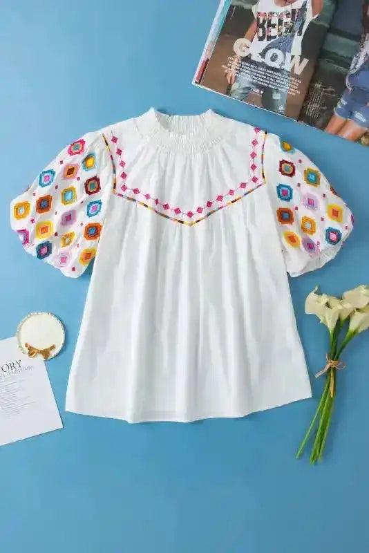 White Embroidered Puff Sleeve Blouse-3
