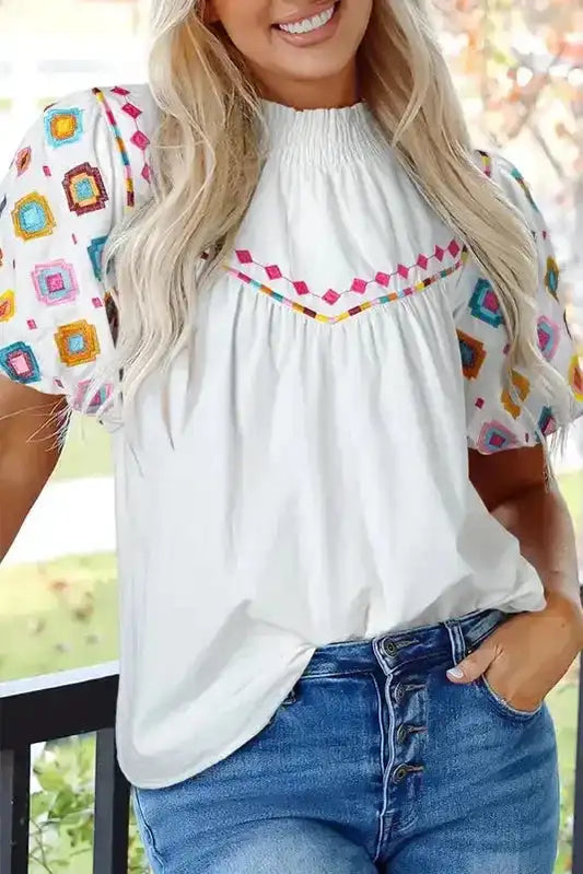 White Embroidered Puff Sleeve Blouse-0