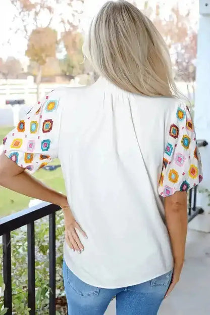 White Embroidered Puff Sleeve Blouse-2