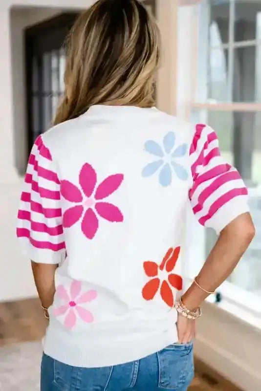 White Floral Knit T-Shirt-1