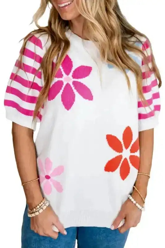 White Floral Knit T-Shirt-4