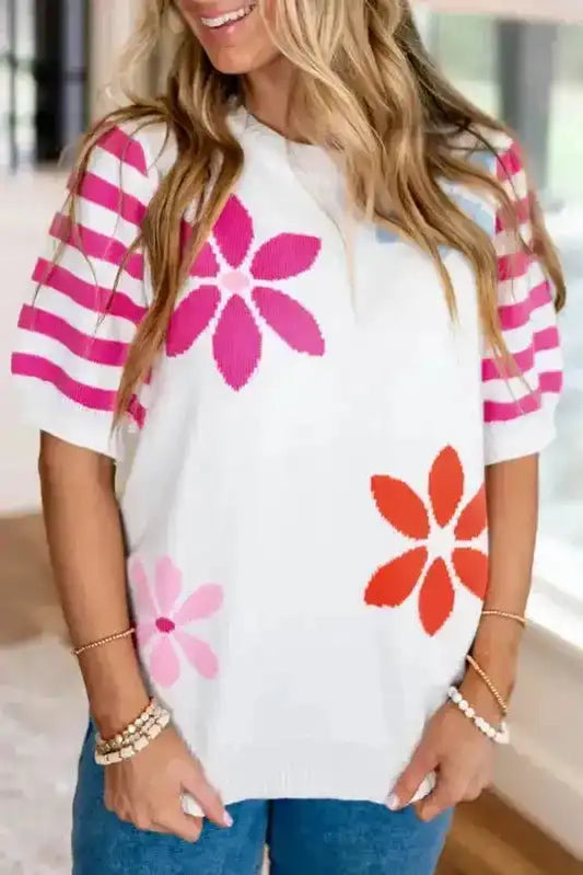White Floral Knit T-Shirt-0