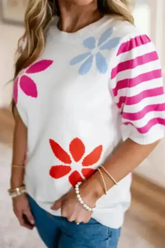 White Floral Knit T-Shirt-2