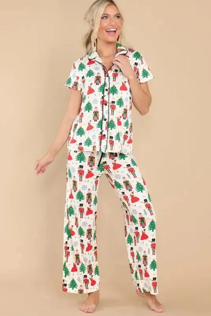 White Printed Christmas Pattern Buttoned Two Piece Sleepwear-1