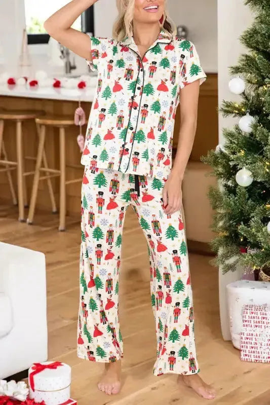 White Printed Christmas Pattern Buttoned Two Piece Sleepwear-0